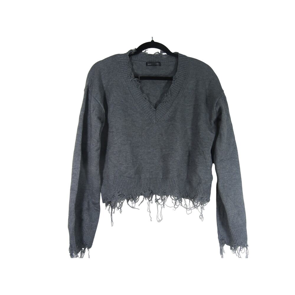 Honey Punch Sweater Womens Medium Distressed‎ V Neck Coastal Nautical Neutral